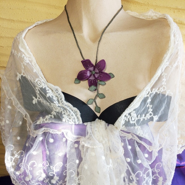 Kολιέ φριβολιτέ "Purple Daizy " - ύφασμα, κοντά, λουλούδι - 2