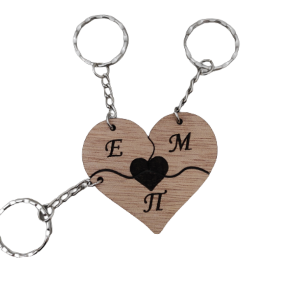 Τριπλό ξύλινο μπρελόκ φιλίας καρδιά με μονογράμματα - ξύλο, καρδιά, σπιτιού