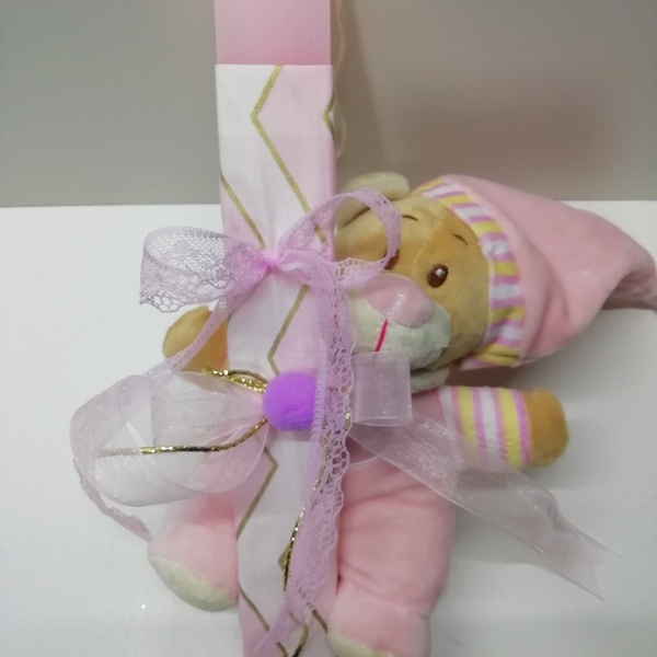 Βρεφική λαμπάδα bebe ροζ αρκουδάκι κουδουνίστρα - κορίτσι, λαμπάδες, λούτρινα, για παιδιά, για μωρά - 3