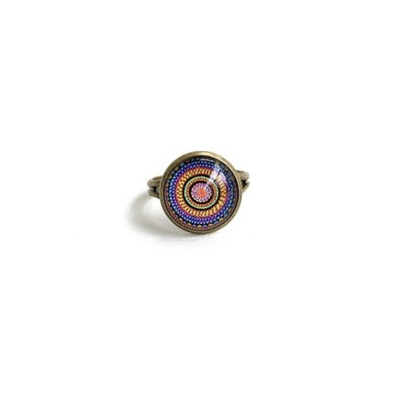 Ορειχάλκινο Δαχτυλίδι Μάνταλα - Ρυθμιζόμενο Πολύχρωμο Έθνικ Δαχτυλίδι - γυαλί, ορείχαλκος, ethnic, αυξομειούμενα - 2