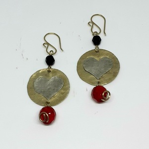 Σκουλαρίκια κύκλος καρδιά με κόκκινες πετρες - ορείχαλκος, αλπακάς, καρδιά, πέτρες, κρεμαστά