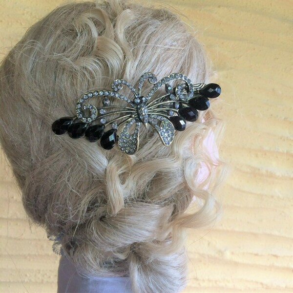 Διακοσμητικό κλιπ μαλλιών με στρας "Πεταλούδα" 2 χρώματα - ύφασμα, hair clips - 2