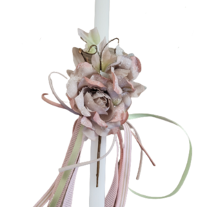Λαμπάδα λευκή, τετράγωνη 28,5 cm με υφασμάτινα λουλούδια dusty pink - κορίτσι, λουλούδια, λαμπάδες
