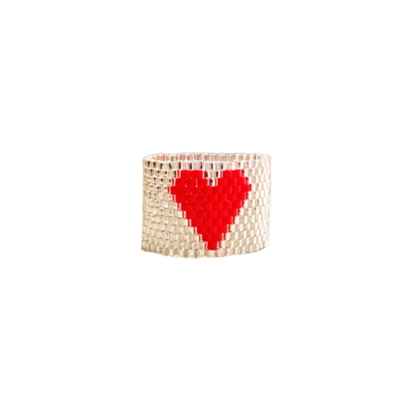 Love me φαρδύ δαχτυλίδι με σχέδιο κόκκινη καρδιά, κεντημένο με γνήσιες χάντρες Miyuki Delica - καρδιά, χάντρες, σταθερά, μεγάλα