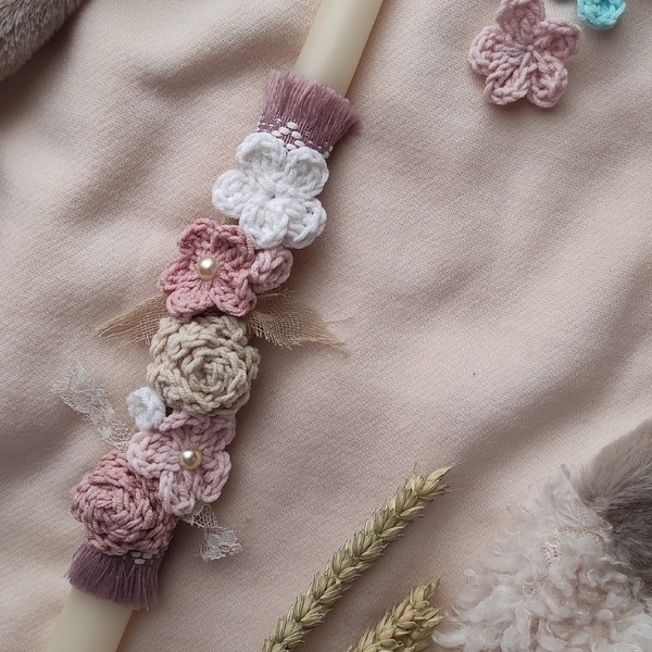 Λαμπάδα ρομαντική πασχαλινή αρωματική με πλεκτά λουλούδια - κορίτσι, λαμπάδες, για ενήλικες, για εφήβους, για μωρά - 2