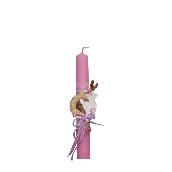 Πασχαλινό Λαμπαδάκι ροζ αρωματικό 22εκ με χειροποίητο σχεδιο ελαφίνα από πολυμερικό πηλο - κορίτσι, λαμπάδες, για παιδιά, για ενήλικες, πολυμερικό πηλό