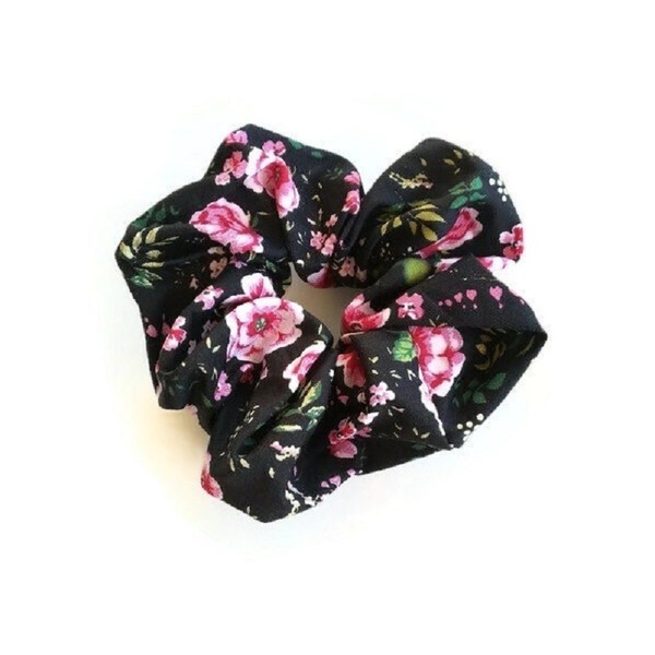scrunchie μαύρο λουλούδια - βαμβάκι, λουλούδια, λαστιχάκια μαλλιών