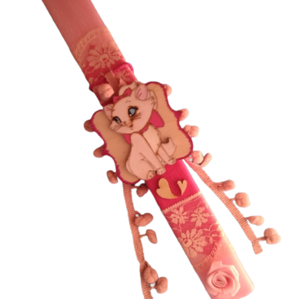 Αρωματική ροζ λαμπάδα 34 cm με ξύλινο κάδρο γατούλα - κορίτσι, λαμπάδες, γατούλα, για παιδιά, ζωάκια - 4