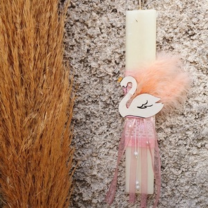 Λαμπάδα εκρού αρωματική πλακέ με λευκό κύκνο και πούπουλα- χειροποίητη 30cm - κορίτσι, λαμπάδες, flamingos, για παιδιά - 2