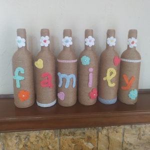 Διακοσμητικά μπουκάλια family - βελονάκι, πρωτότυπα δώρα, διακοσμητικά μπουκάλια - 4