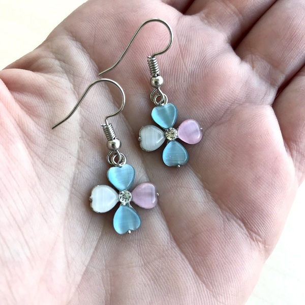 Σκουλαρίκια λουλούδι με στρας ροζ γαλάζιο λευκό - στρας, λουλούδι, μικρά, κρεμαστά, γάντζος - 3
