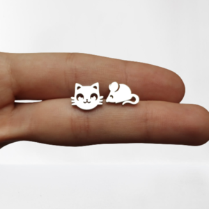 Σκουλαρίκια με γάτα και ποντίκι - καρφωτά, μικρά, ατσάλι - 2