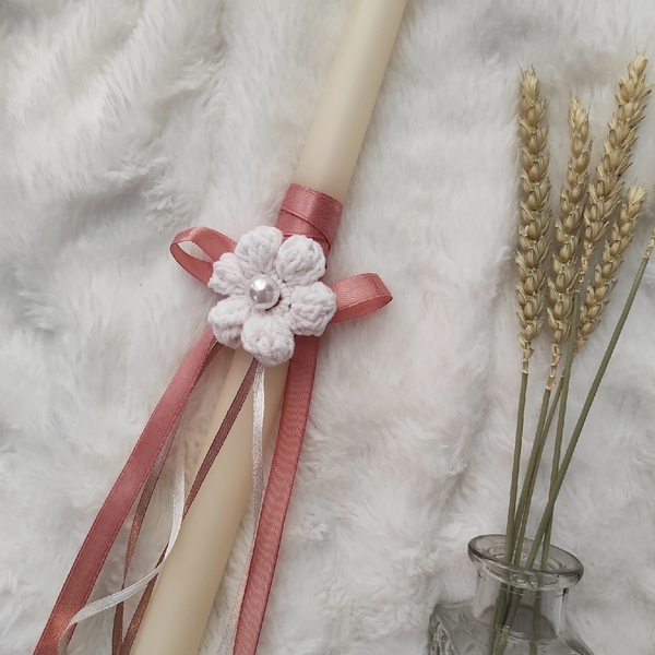 Λαμπάδα ρομαντική πασχαλινή αρωματική με πλεκτο λουλούδι - κορίτσι, λαμπάδες, για ενήλικες, για εφήβους - 3