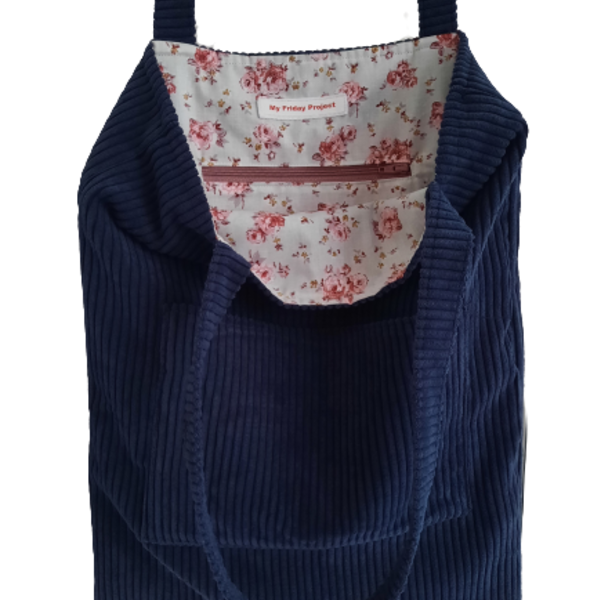 Υφασμάτινη tote τσάντα "μπλε κοτλέ" 41x33εκ - ύφασμα, ώμου, all day, tote, πάνινες τσάντες - 2