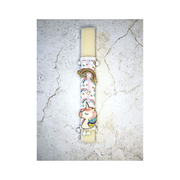 Λαμπάδα μονόκερος-ουράνιο τόξο με scrunchie (scrunchy) - λαμπάδες, μονόκερος, για παιδιά, λαστιχάκια μαλλιών - 2