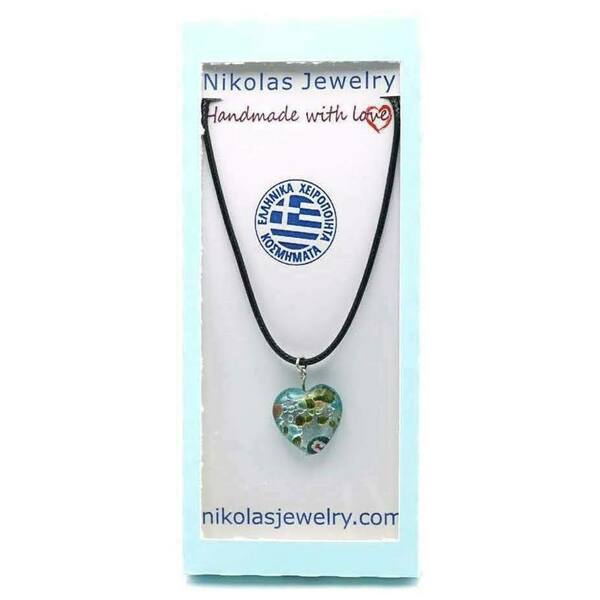 Καρδιά Murano Glass Κολιέ με Κορδόνι Snake Μαύρο Γυαλιστερό Χειροποίητο Κόσμημα Συλλογή Survivor Nikolas Jewelry - γυαλί, καρδιά, μακριά - 4