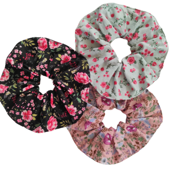 Σετ χειροποίητα μεγάλα scunchies σε floral χρώματα - ανοιξιάτικο, φλοράλ, λαστιχάκια μαλλιών