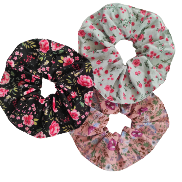 Σετ χειροποίητα μεγάλα scunchies σε floral χρώματα - λαστιχάκια μαλλιών, φλοράλ, ανοιξιάτικο