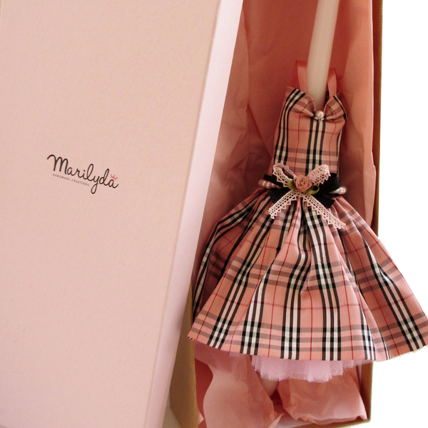 Λαμπάδα με μεταξωτό φόρεμα ροζ "Burberry" 40cm - κορίτσι, λαμπάδες, για παιδιά, μετάξι - 5