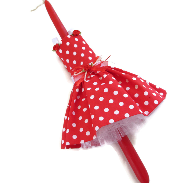 Λαμπάδα με φόρεμα κόκκινο πουά "Νταϊάνα" 40cm - λαμπάδες, μπαλαρίνες, για παιδιά, πριγκίπισσες - 2