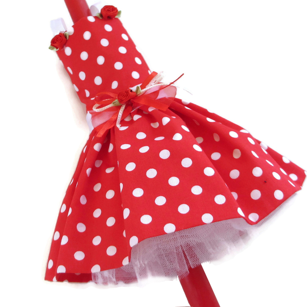 Λαμπάδα με φόρεμα κόκκινο πουά "Νταϊάνα" 40cm - λαμπάδες, μπαλαρίνες, για παιδιά, πριγκίπισσες