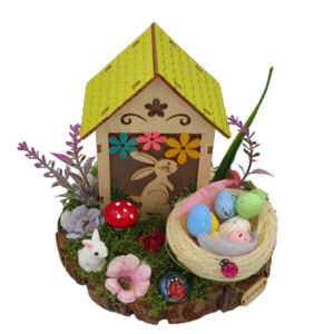 Πασχαλινή σύνθεση με ξύλινο σπιτάκι-αυγά-λαγός - διακοσμητικά, πασχαλινή διακόσμηση, πασχαλινά δώρα