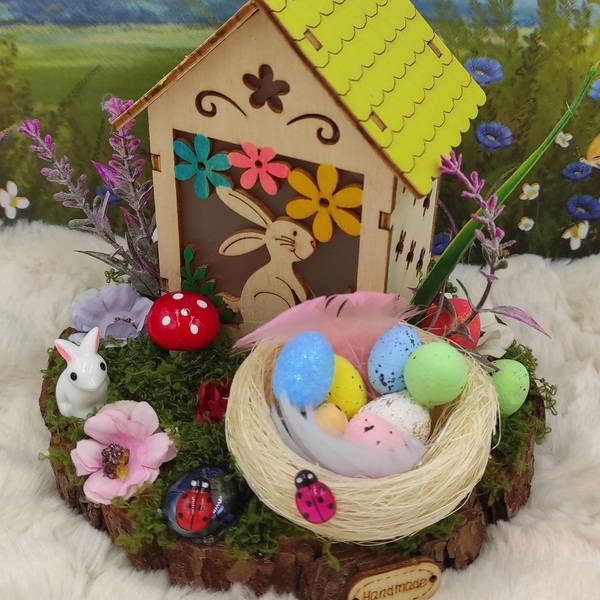 Πασχαλινή σύνθεση με ξύλινο σπιτάκι-αυγά-λαγός - διακοσμητικά, πασχαλινή διακόσμηση, πασχαλινά δώρα, διακοσμητικό πασχαλινό - 4