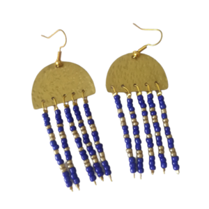 Σκουλαρίκια boho με χαντρες μπλε-χρυσό - ορείχαλκος, μακριά, boho, κρεμαστά, μεγάλα