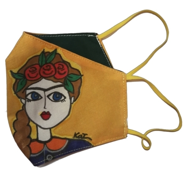 Ζωγραφισμένη κροκί βαμβακερή μάσκα με κοπέλα - ζωγραφισμένα στο χέρι, γυναικεία, διπλής όψης - 2