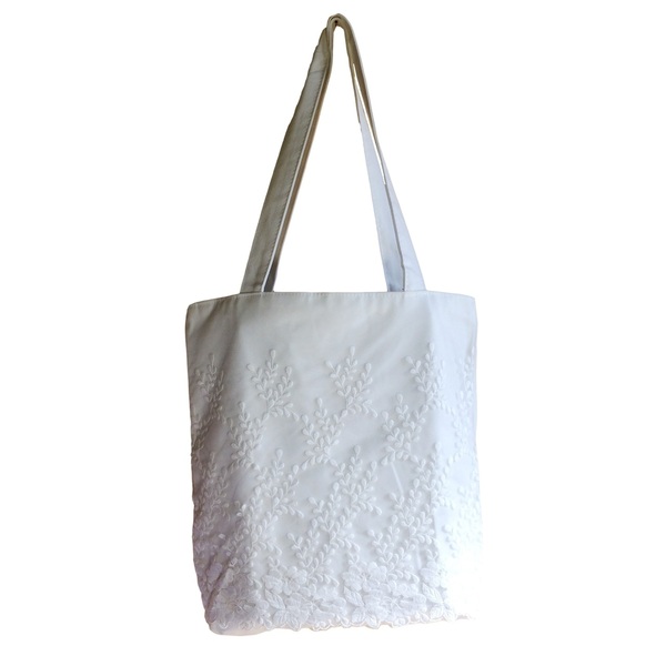 Υφασμάτινη λευκή τσάντα 35*37 εκ. με δαντέλα - ύφασμα, ώμου, μεγάλες, all day, tote