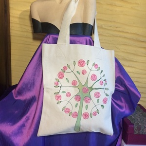Τσάντα 34*39 εκ. από καραβόπανο ζωγραφισμένη στο χέρι "Rose Tree" - ώμου, μεγάλες, all day, tote, πάνινες τσάντες - 2