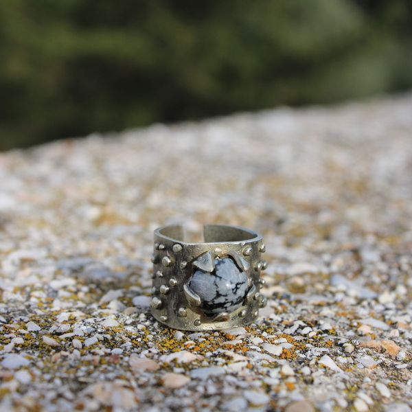 Δαχτυλίδι από αλπακά και οψιδιανό χιονιού - ημιπολύτιμες πέτρες, chevalier, αλπακάς, αυξομειούμενα - 3