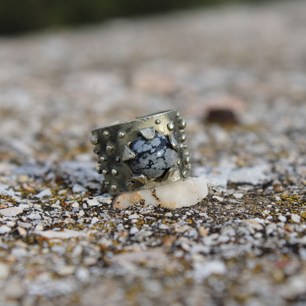 Δαχτυλίδι από αλπακά και οψιδιανό χιονιού - ημιπολύτιμες πέτρες, chevalier, αλπακάς, αυξομειούμενα - 4