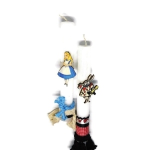 Σετ αρωματικές λαμπάδες Αλίκη και λαγος κερί 20cm λευκό με ξύλινες έγχρωμες φιγούρες - λαμπάδες, νονοί, πασχαλινά δώρα, ήρωες κινουμένων σχεδίων - 2