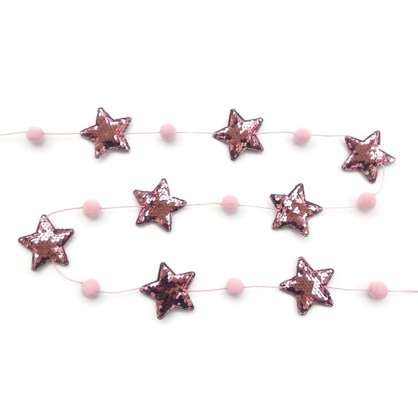 Διακοσμητική Γιρλάντα με Ροζ Πον Πον και Υφασμάτινα Αστέρια με Παγιέτες - κορίτσι, αστέρι, γιρλάντες