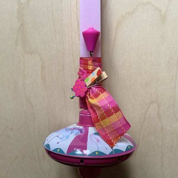 Λαμπάδα ροζ με μεταλλική σβούρα (διάμετρος 14 εκ.) - κορίτσι, λαμπάδες, για παιδιά, παιχνιδολαμπάδες - 2