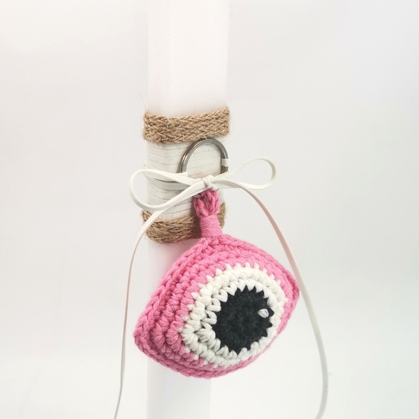Πασχαλινή λαμπάδα με πλεκτό μπρελόκ "μάτι" ροζ - αγόρι, λαμπάδες, για παιδιά, για εφήβους, για μωρά - 2