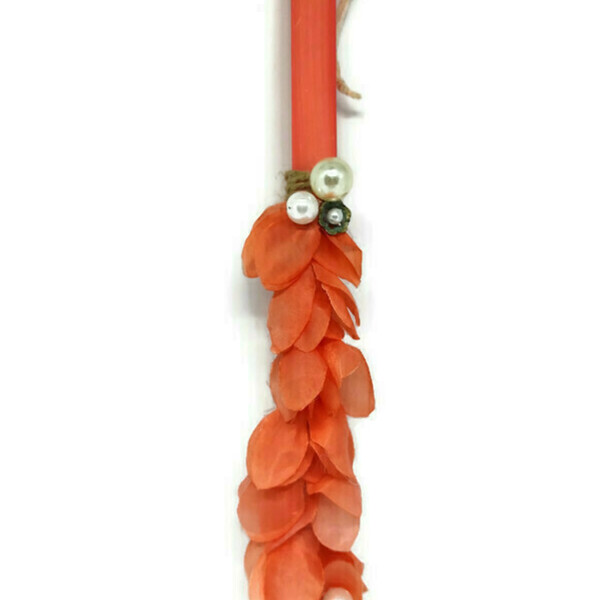 Χειροποίητη γυναικεία λαμπάδα πορτοκαλί χρώμα 20cm με πέρλες - γυναικεία, λαμπάδες, για ενήλικες, πασχαλινά δώρα - 2
