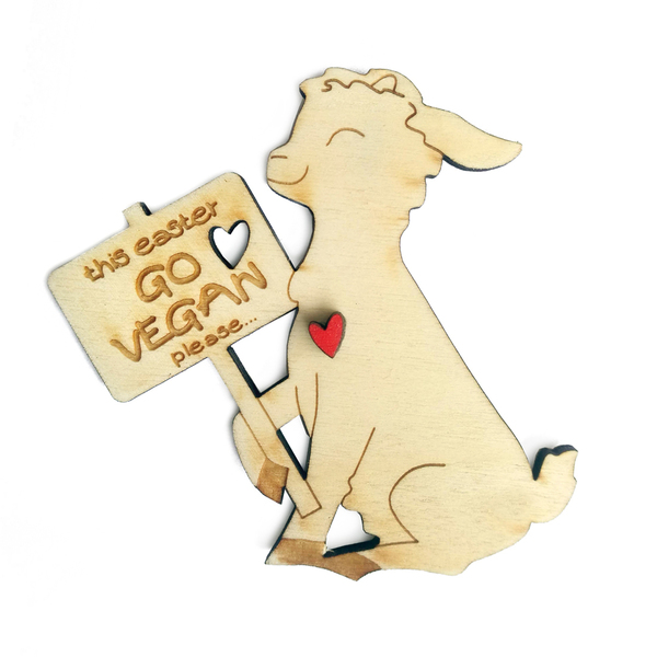 Ξύλινος μαγνήτης κατσικάκι "Go Vegan" - χάραξη, διακοσμητικά, vegan friendly, ζωάκια