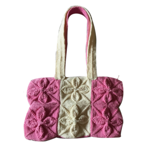 πλεκτή τσάντα: flower leaves με σχέδιο λουλούδια σε κρεμ και ροζ χρώμα, 20 x 31,5 εκ - ύφασμα, ώμου, all day, πλεκτές τσάντες