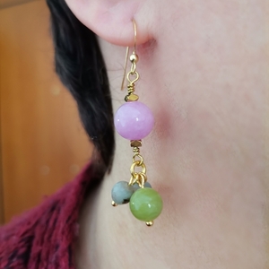 Σκουλαρίκια με ροζ νεφρίτη και πράσινο ίασπι - ασήμι, ημιπολύτιμες πέτρες, επιχρυσωμένα, κρεμαστά - 2