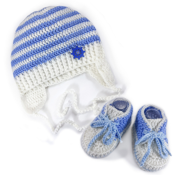 Πλεκτό σετ λευκό-μπλε για αγόρια/ σκουφάκι, παπουτσάκια/ Πλεκτά παπούτσια και σκουφάκι για μωρά/ 0-12/ Crochet white-blue set for baby-boys/ hat, shoes - αγόρι, σετ, βρεφικά ρούχα