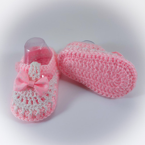 Πλεκτά λευκό-ροζ παπουτσάκια με φιογκάκια για κορίτσια/ 0-12/ Crochet white-pink booties with bows for baby girls - κορίτσι, βρεφικά ρούχα - 2