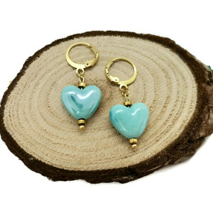 Σκουλαρίκια με κεραμική χάντρα καρδιά Τυρκουάζ - καρδιά, μικρά, ατσάλι, κρεμαστά