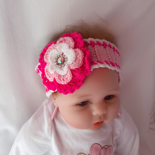 Πλεκτό σετ ροζ-φουξία-λευκό για κορίτσια / κορδέλα, παπουτσάκια / 0-12/ Crochet pink-fuchsia-white set for a baby girl / band, booties - κορίτσι, σετ, βρεφικά ρούχα - 2
