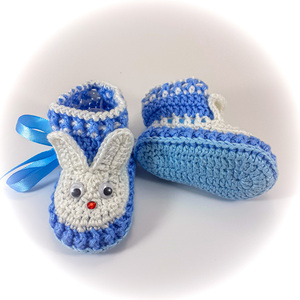 Πλεκτό σετ λευκό-μπλε για μωρά / σκουφάκι/ παπούτσια/ κουνελάκια/ 0-12/ Crochet white-blue set/ hat, booties for a baby boy/ bunnies - αγόρι, σετ, βρεφικά ρούχα - 4