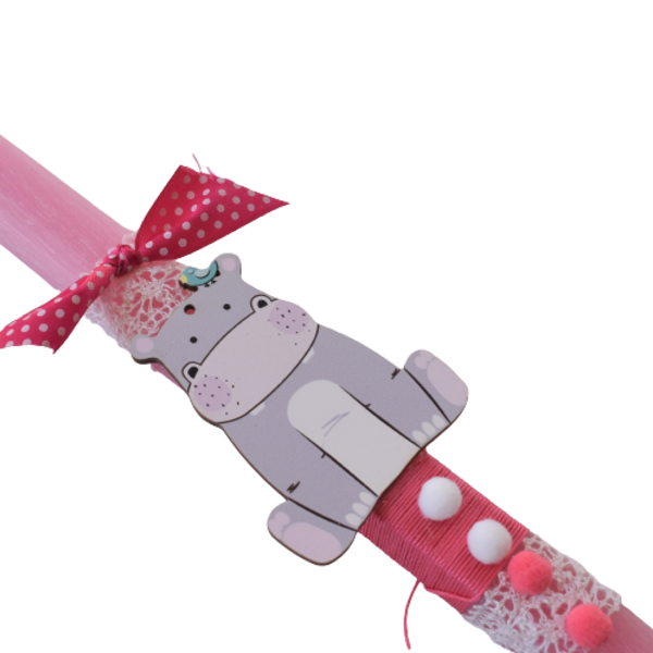 Κοριτσίστικη πασχαλινή λαμπάδα με ιπποπόταμο ξύλινο ροζ 30cm1 - κορίτσι, λαμπάδες, για παιδιά, ζωάκια, για μωρά