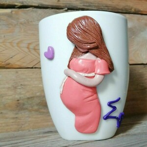 Τρισδιάστατη Χειροποίητη κούπα με πολυμερικό πηλό και σχέδιο έγκυο κοπέλα - χειροποίητα, πορσελάνη, κούπες & φλυτζάνια, πολυμερικό πηλό - 4