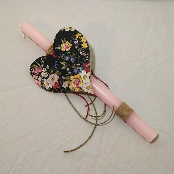 Αρωματική λαμπάδα με λουλουδένια ξύλινη καρδιά - κορίτσι, λαμπάδες, χειροποίητα, για παιδιά, για ενήλικες - 2