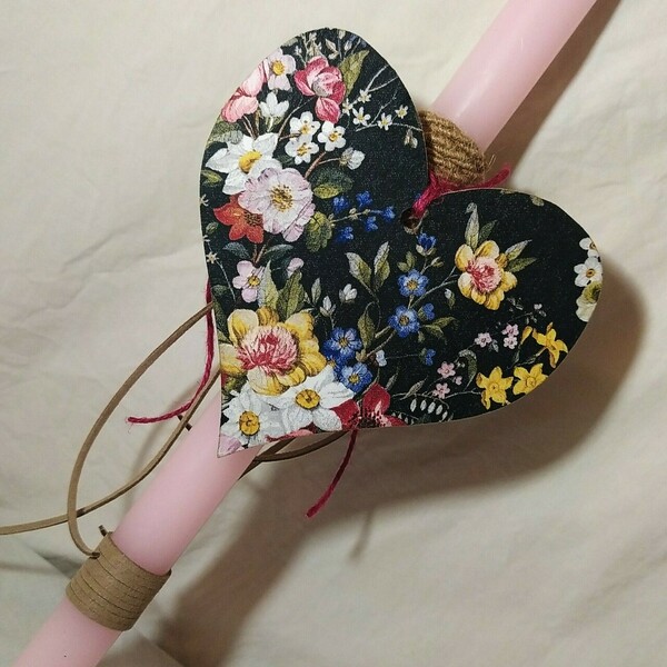 Αρωματική λαμπάδα με λουλουδένια ξύλινη καρδιά - κορίτσι, λαμπάδες, χειροποίητα, για παιδιά, για ενήλικες - 3